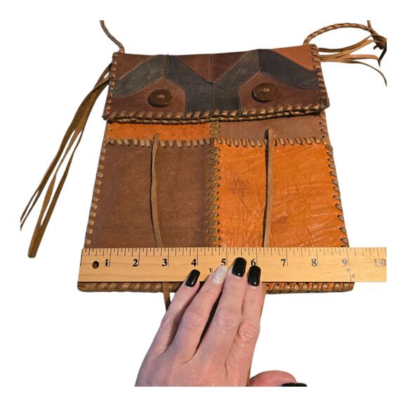 Vintage Char Crossbody Purse Handmade Leather Patchwork Braided Strap Boho - Picture 9 of 11
